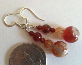 Red agate beaded dangle earrings, muted red natural stone drop earring, earthy boho hippy hippie creative handmade nature inspired brick red