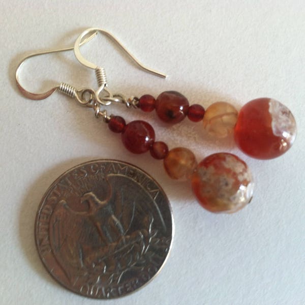 Red agate beaded dangle earrings, muted red natural stone drop earring, earthy boho hippy hippie creative handmade nature inspired brick red