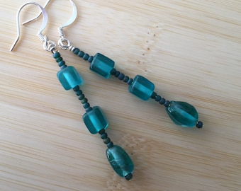Aqua long beaded dangle earrings, turquoise blue sea glass beads w/ seed bead spacers, blue boho drop earring, aquamarine hippie dangle