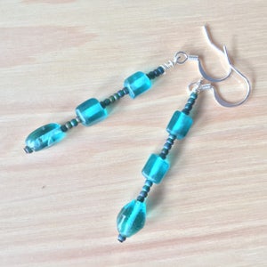 Aqua long beaded dangle earrings, turquoise blue sea glass beads w/ seed bead spacers, blue boho drop earring, aquamarine hippie dangle image 3