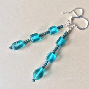 Aqua long beaded dangle earrings, turquoise blue sea glass beads w/ seed bead spacers, blue boho drop earring, aquamarine hippie dangle image 5