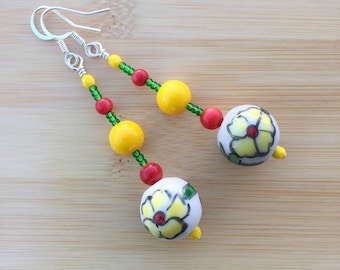 Colorful red & yellow beaded dangle earrings