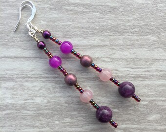 Purple dangle earrings,  colorful BoHo style beaded earrings, shades of purple 3 inch dangle earrings, Gift for her