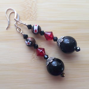 Black & red long beaded dangle earrings, long funky colorful earring, long black boho dangle, unique unusual beaded earring, bohem style