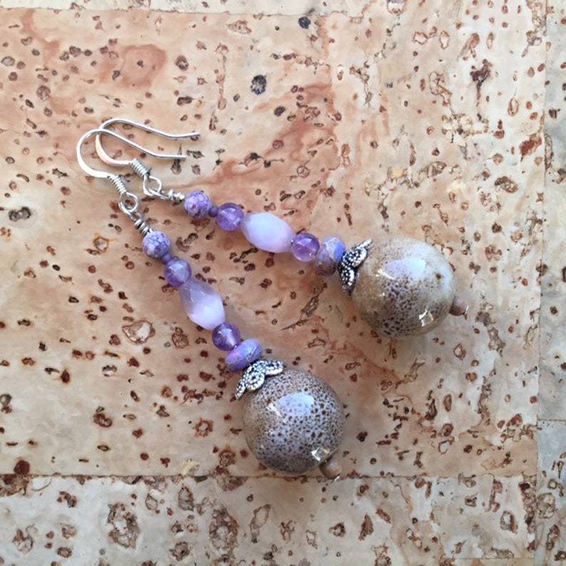 Long purple beaded earrings natural feminine elegant handmade image 6
