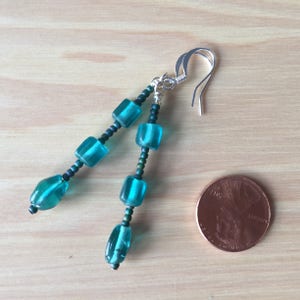 Aqua long beaded dangle earrings, turquoise blue sea glass beads w/ seed bead spacers, blue boho drop earring, aquamarine hippie dangle image 4