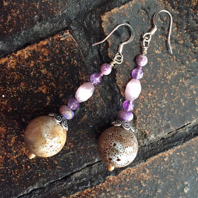 Long purple beaded earrings natural feminine elegant handmade image 2