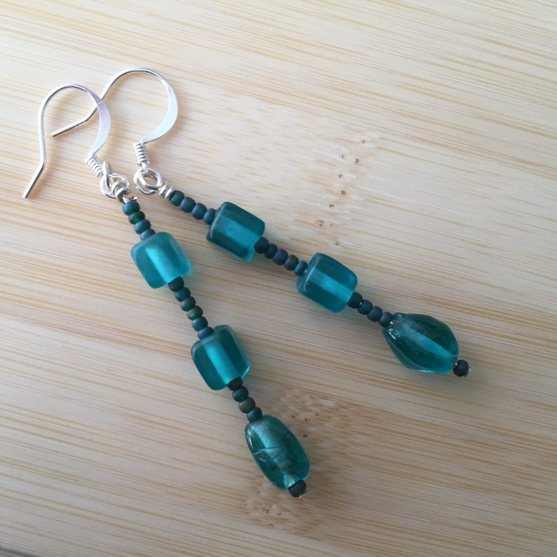 Aqua long beaded dangle earrings, turquoise blue sea glass beads w/ seed bead spacers, blue boho drop earring, aquamarine hippie dangle image 1