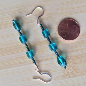 Aqua long beaded dangle earrings, turquoise blue sea glass beads w/ seed bead spacers, blue boho drop earring, aquamarine hippie dangle image 9
