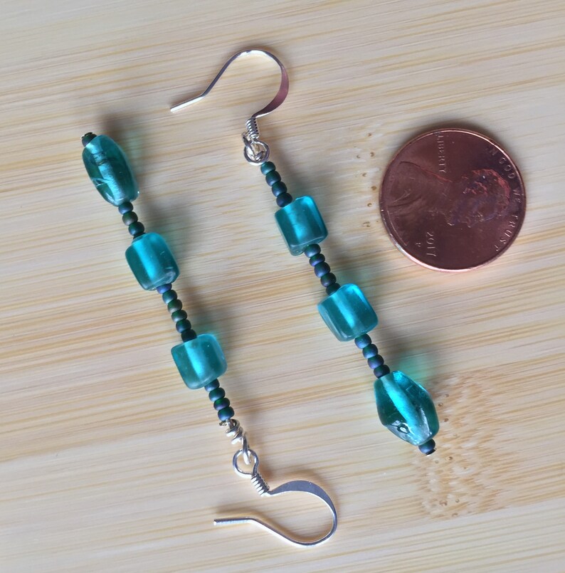 Aqua long beaded dangle earrings, turquoise blue sea glass beads w/ seed bead spacers, blue boho drop earring, aquamarine hippie dangle image 9