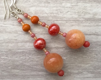 Coral, peach, orange beaded dangle earrings