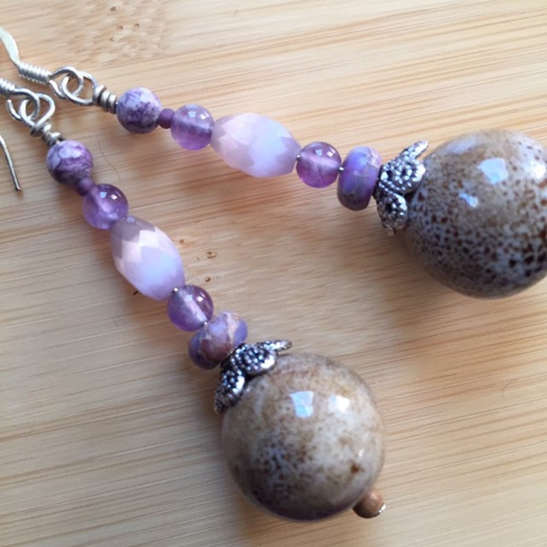 Long purple beaded earrings natural feminine elegant handmade image 7