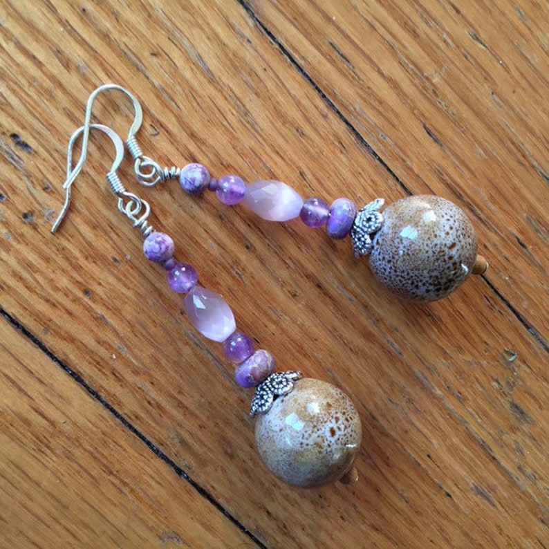 Long purple beaded earrings natural feminine elegant handmade image 3