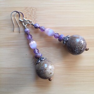 Long purple beaded earrings natural feminine elegant handmade image 1