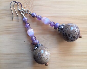 Long purple beaded earrings natural feminine elegant handmade