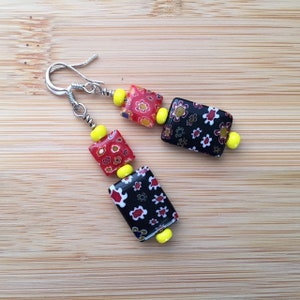 Black red and yellow beaded dangle earrings colorful earrings with floral pattern