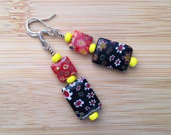 Black red and yellow beaded dangle earrings colorful earrings with floral pattern
