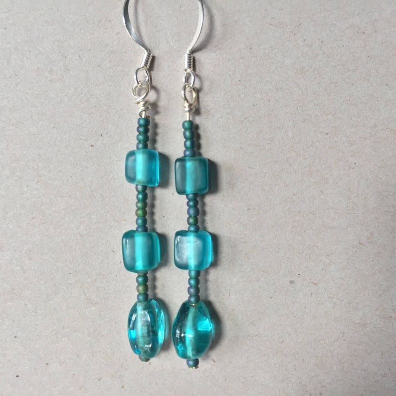 Aqua long beaded dangle earrings, turquoise blue sea glass beads w/ seed bead spacers, blue boho drop earring, aquamarine hippie dangle image 6