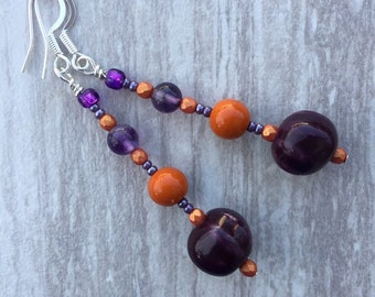 Purple and orange beaded dangle earrings, unique unusual creative colorful funky earrings