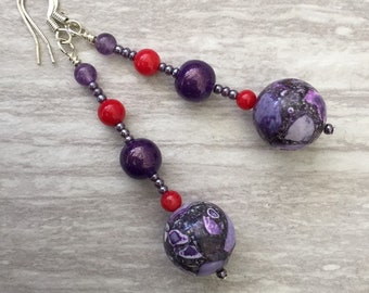 Purple & red beaded dangle earring, colorful, handmade, boho style beaded earrings