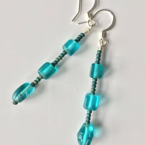 Aqua long beaded dangle earrings, turquoise blue sea glass beads w/ seed bead spacers, blue boho drop earring, aquamarine hippie dangle image 7