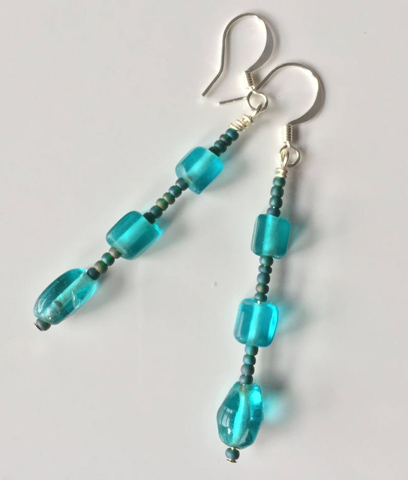 Aqua long beaded dangle earrings, turquoise blue sea glass beads w/ seed bead spacers, blue boho drop earring, aquamarine hippie dangle image 7