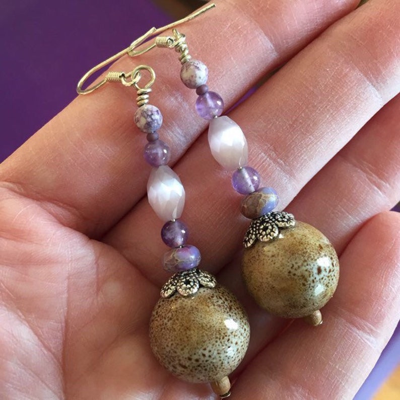 Long purple beaded earrings natural feminine elegant handmade image 4