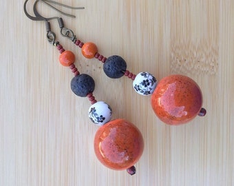 Orange & black beaded dangle earrings, long boho style bead earrings, halloween earrings for her