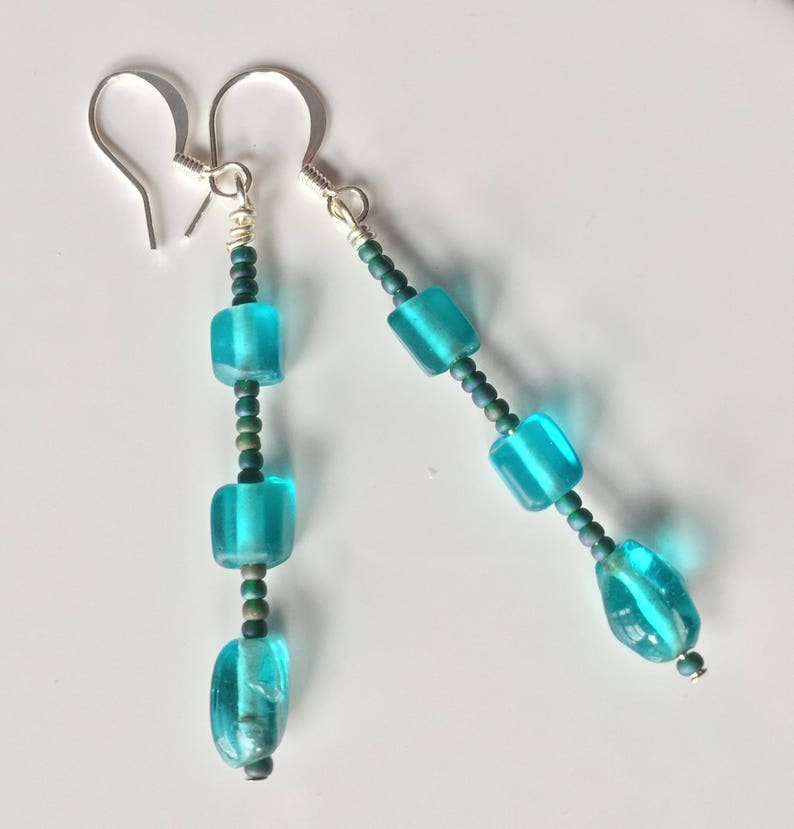 Aqua long beaded dangle earrings, turquoise blue sea glass beads w/ seed bead spacers, blue boho drop earring, aquamarine hippie dangle image 2