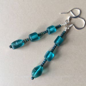 Aqua long beaded dangle earrings, turquoise blue sea glass beads w/ seed bead spacers, blue boho drop earring, aquamarine hippie dangle image 8