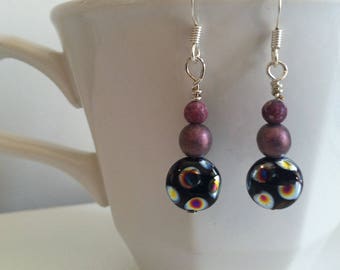 purple & black small dangle earrings, lavender black silver beaded drop earring, petite boho style dangle, unusual handmade unique earring