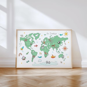 Een Domhan |  Ierse kinderkamerprint | Wereldkaart als Gaeilge