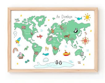 An Domhan |  Irish Nursery Print | World Map as Gaeilge