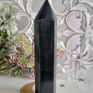 Black Tourmaline Carved Tower: Energy Generator Crystal Decor (170mm)