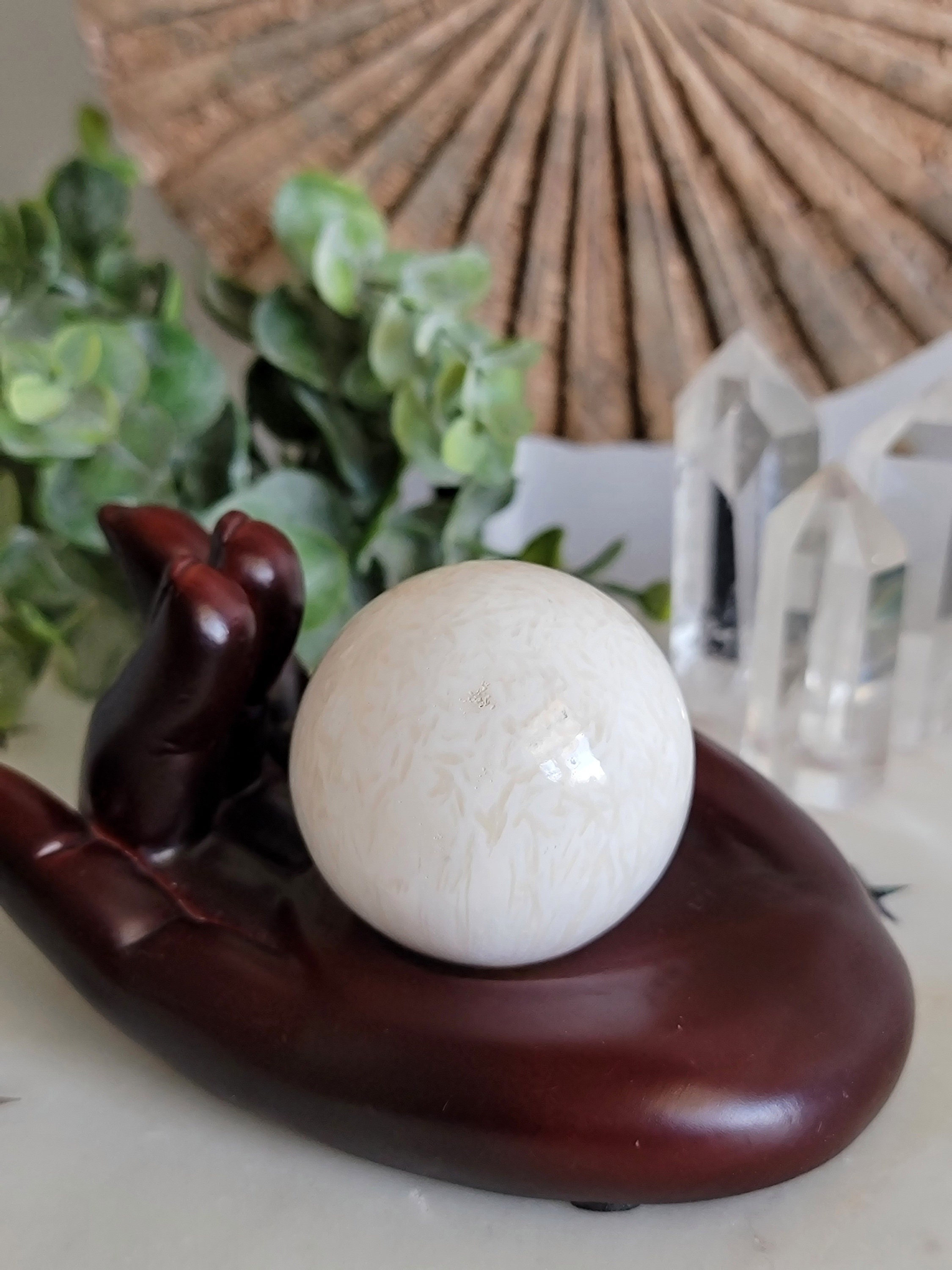 White Scolecite Sphere: Carved Crystal Decor, Meditation Altar (40mm)