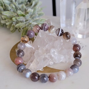 Banded Botswana Agate Bracelet: 6mm Crystal Bead, Healing Jewelry