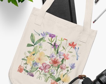 Pressed Flowers Tote Bag, Boho Wildflowers Cottagecore Tote Bag, Flower Garden Lover, Gift For Her, Botanical, Spring Floral Nature