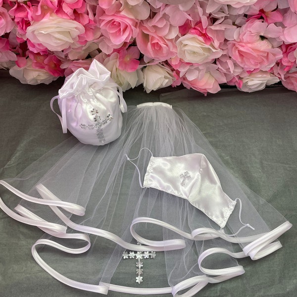 Girls First Holy communion veil,satin mask,personalised dolly bag.