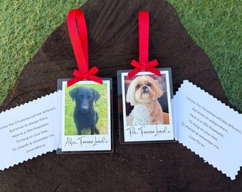May include: Two clear acrylic Christmas ornaments with photos of dogs, each with a red ribbon and bow. One features a black Labrador, the other a Shih Tzu. Text on the ornaments reads "Alfie, Forever Loved" and "Flo, Forever Loved".