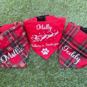 Bandana y collar ajustable para perros con cuadros escoceses personalizados para Navidad, bandana festiva para perros, pañuelo para perros, ropa para perros