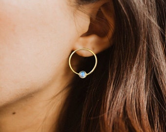 18K Gold Plated Moonstone Circle Stud Earrings • Minimalist Rainbow Crystal