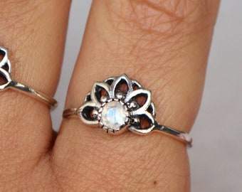 Rainbow Moonstone Flower Sterling Silver Ring • 925 Dainty Lotus Statement