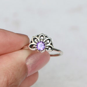 Amethyst Flower Sterling Silver Ring • 925 Dainty Lotus Statement