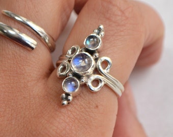 Triple Goddess Rainbow Moonstone Ring • 925 Sterling Silver & Natural Gemstones
