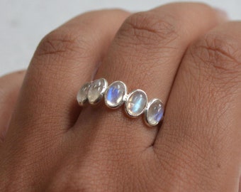 Rainbow Moonstone Oval Multi Stone Ring, 925 Sterling Silver, Dainty Stacking Band
