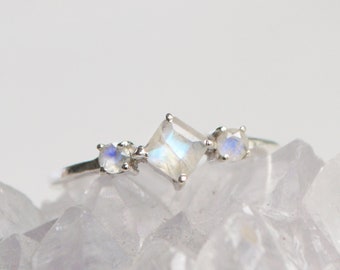 Triple Moonstone Square Sterling Silver Ring • 925 Three Stone Multi Rainbow Cluster Ring