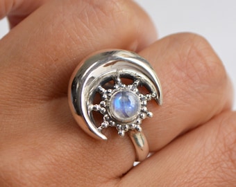 Sun & Moon Rainbow Moonstone Ring • 925 Sterling Silver • Crescent Moon Star Burst • Lunar Phases Ring