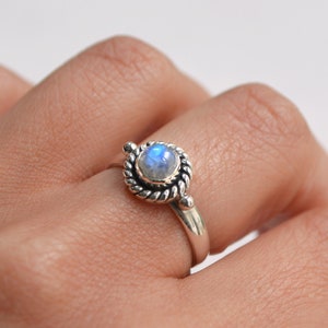 Small Simple Rainbow Moonstone Band Ring • 925 Sterling Silver