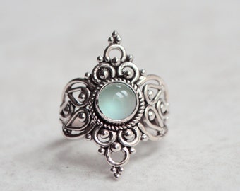 Filigree Bali Chalcedony Ring • 925 Sterling Silver Large Detailed Boho Beachy Design