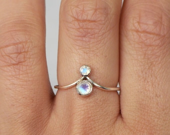 Double Rainbow Moonstone Pointed Ring • 925 Sterling Silver Dainty Minimal